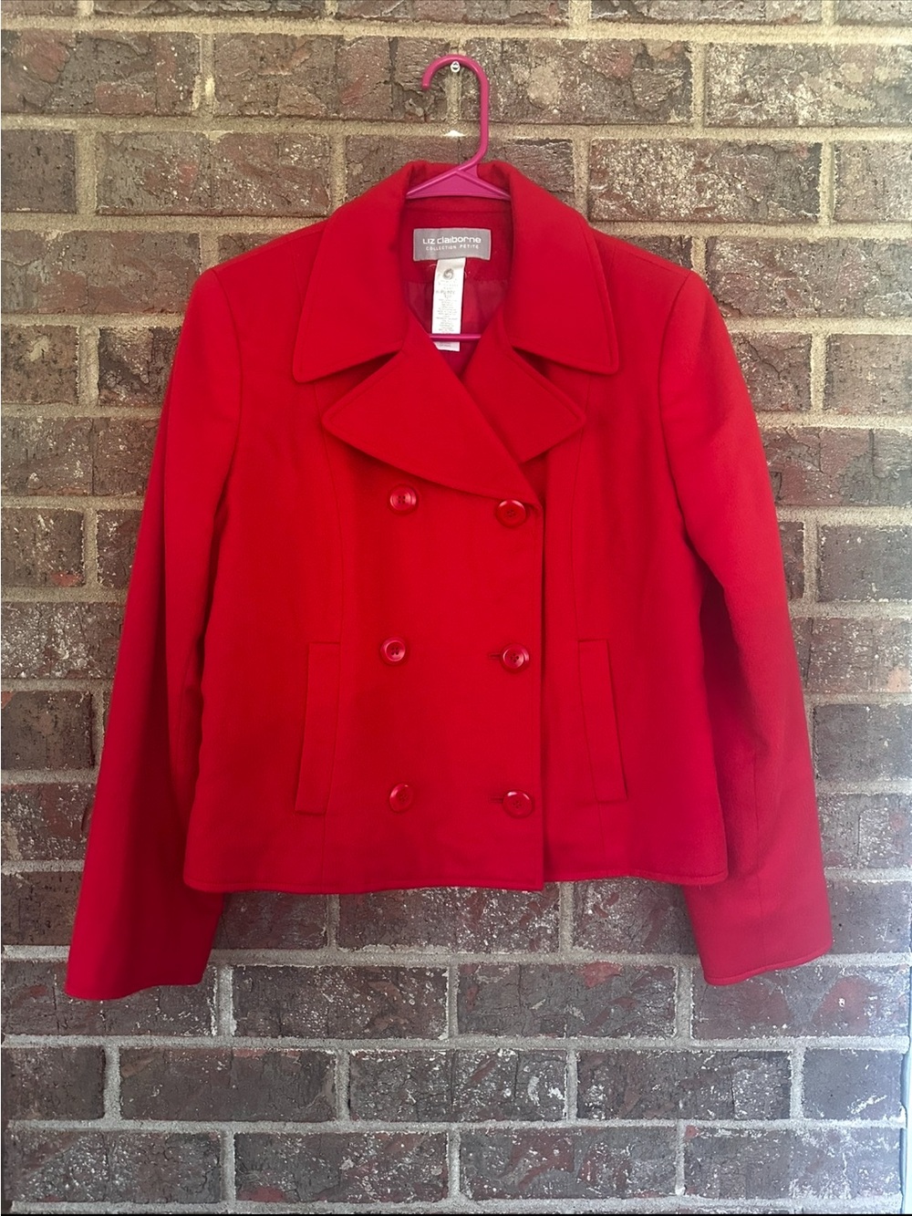 VTG Liz Claiborne Red Wool Blend Pea Coat Double Breasted Jacket Petite 12P